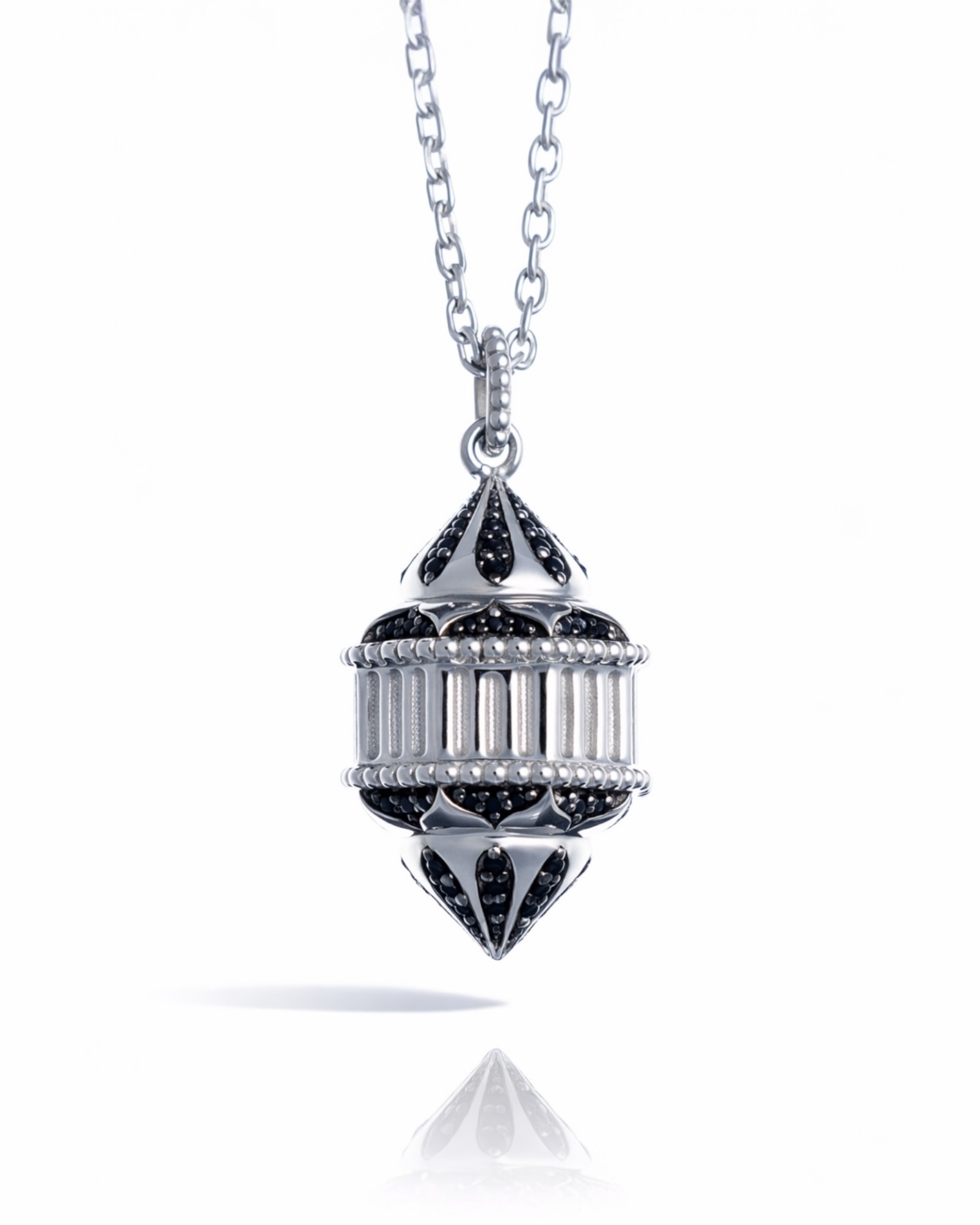 Large Naos pendant, sterling silver with black spinel pavement