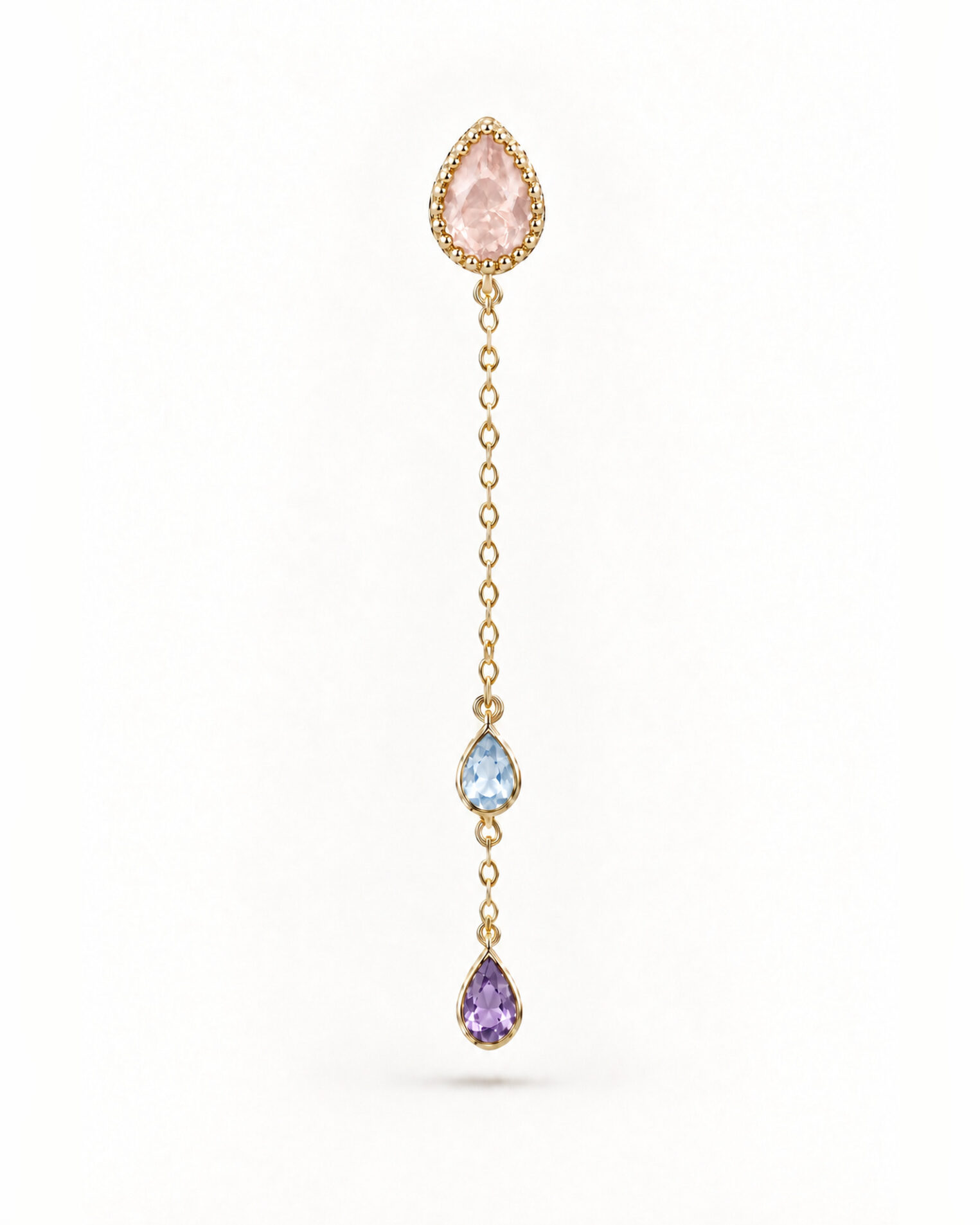 Boucle d'oreille Chakras ligne en vermeil 18 cts, quartz rose, topaze et améthyste
