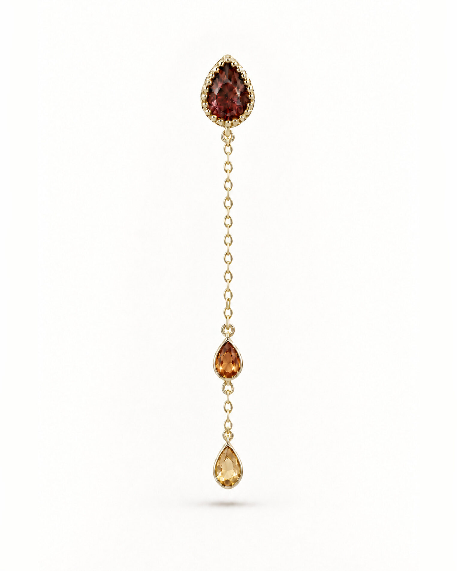 Boucle d'oreille Chakras ligne en vermeil 18 cts, grenat, citrines orange et jaune