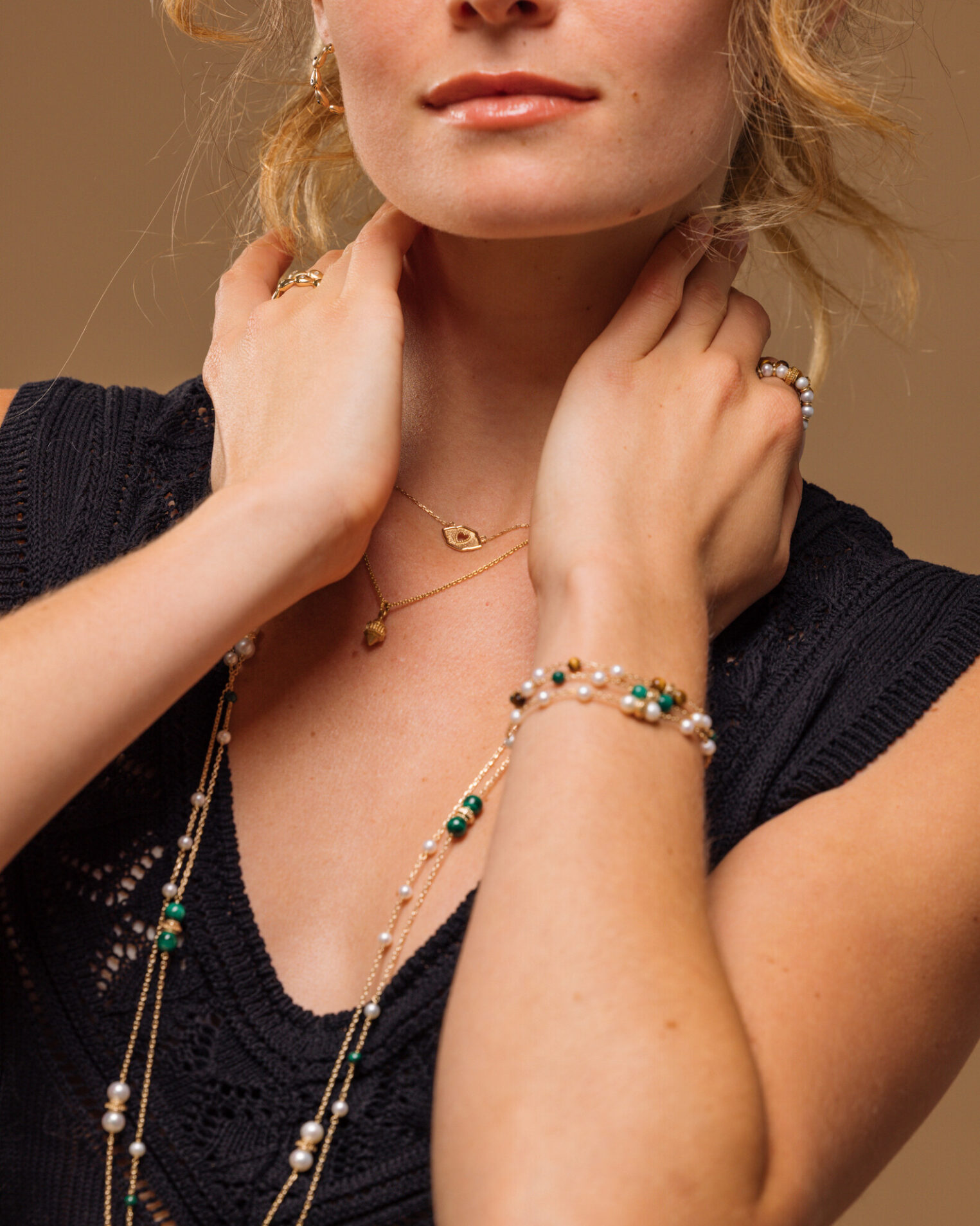 Alternative view of Bracelet Suzanne en vermeil 18 cts, perles et oeil de tigre