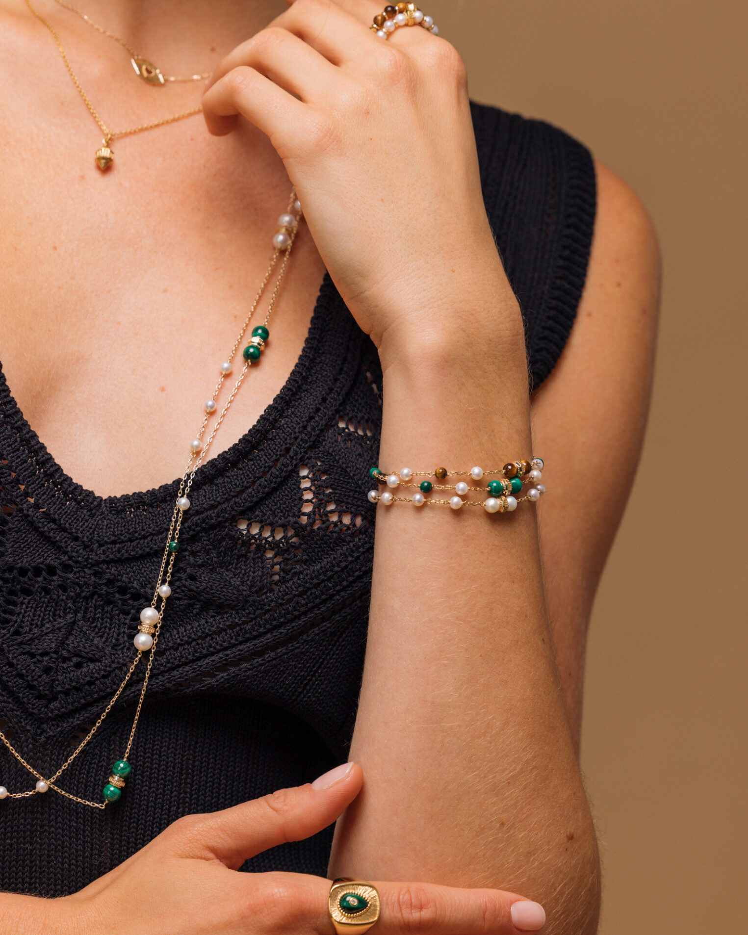 Alternative view of Bracelet Suzanne en vermeil 18 cts, perles et malachite