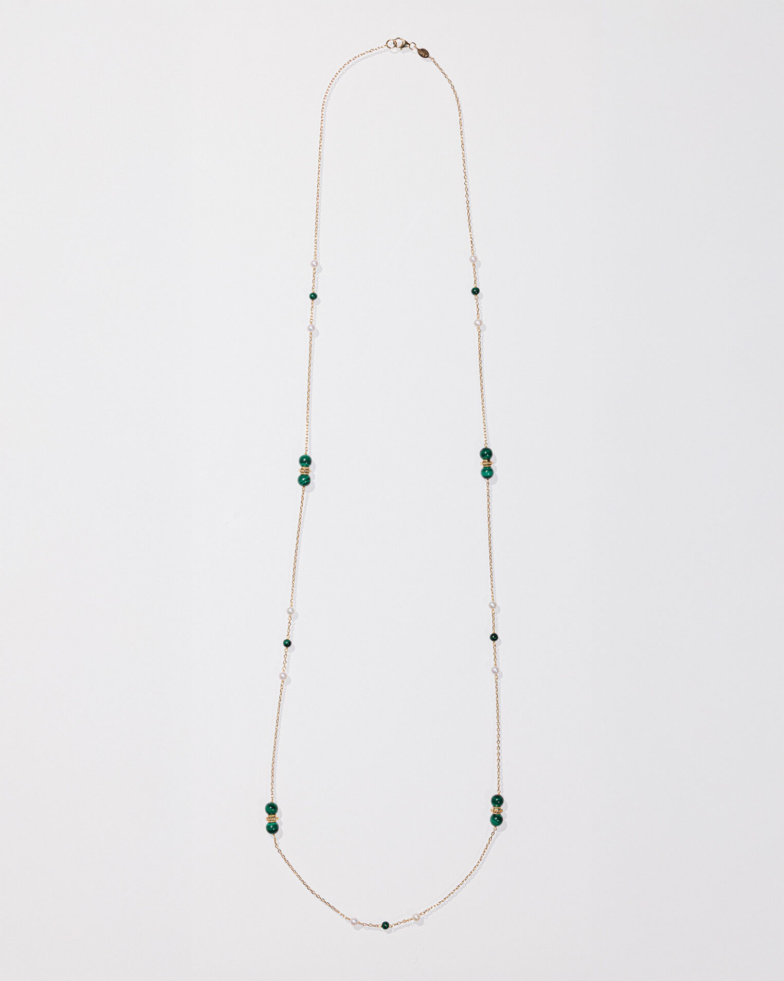 Sautoir Suzanne en vermeil 18 cts, perles et malachite