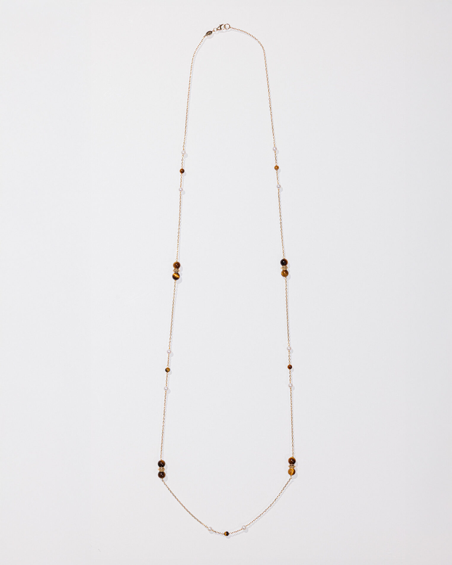 Sautoir Suzanne en vermeil 18 cts, perles et oeil de tigre