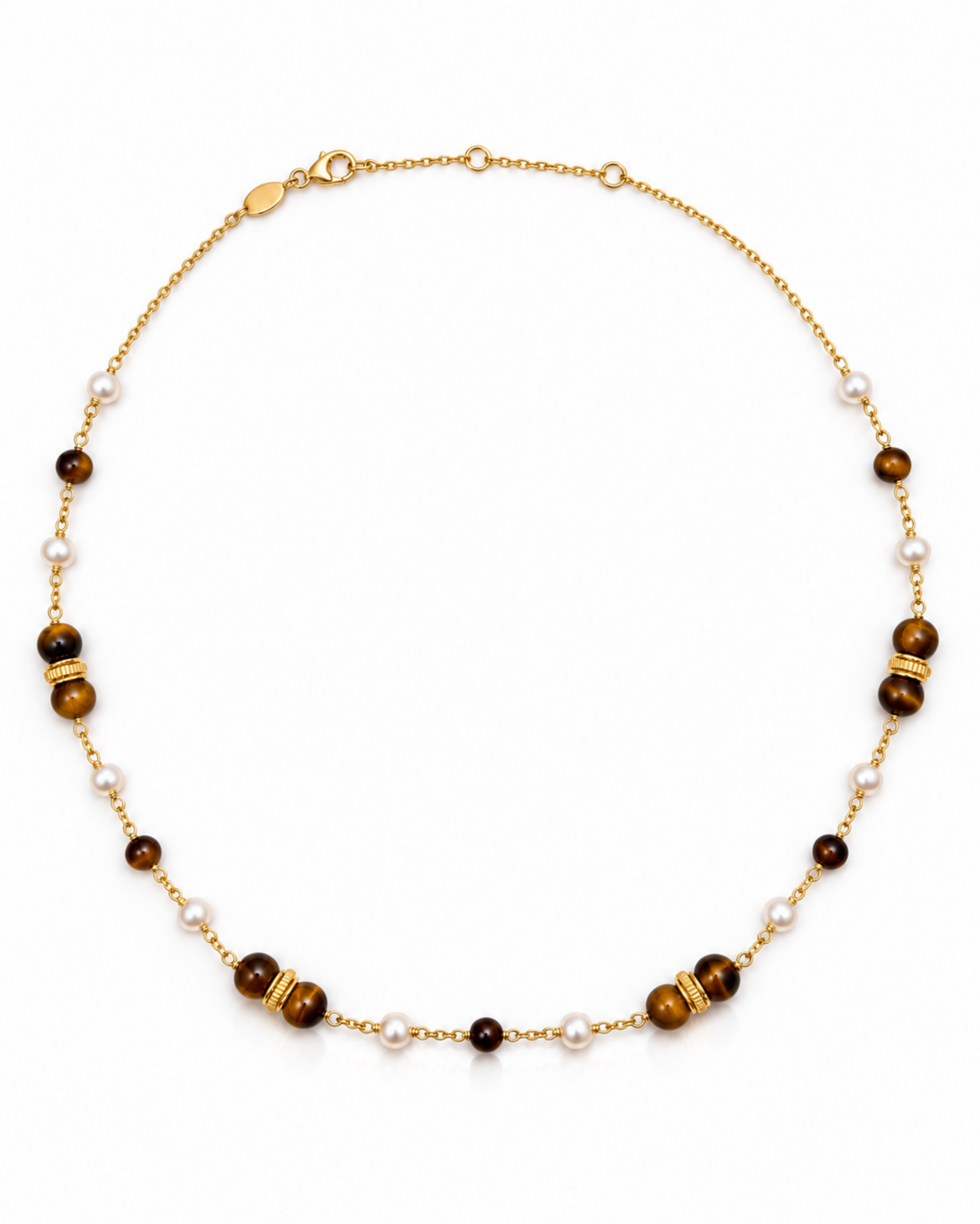 Collier Suzanne en vermeil 18 cts, perles et oeil de tigre